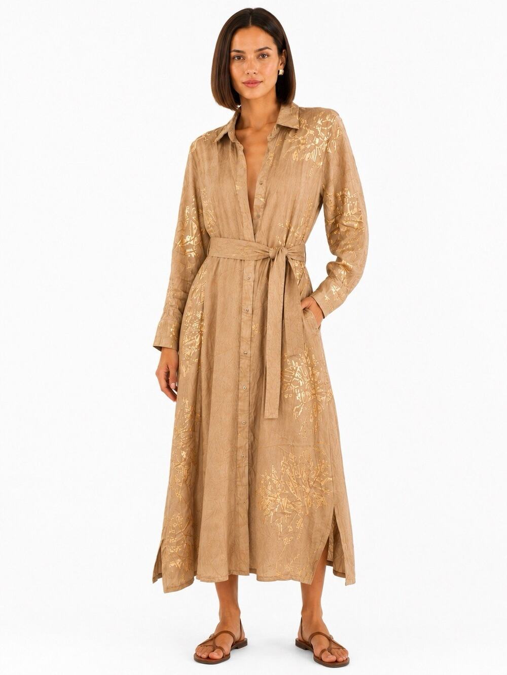 LAST QUEEN PARIS WOMENS S GOLD METALLIC CORAL PRINT MAXI SHIRT DRESS BELTED